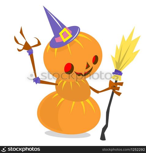 Halloween cartoon scarecrow dummy with pumpkin head and broomstick. Vector jack-o-lantern illustration