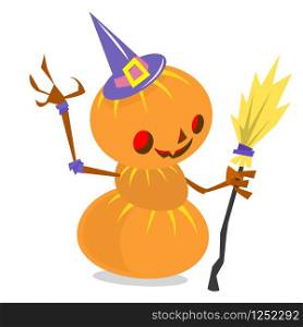 Halloween cartoon scarecrow dummy with pumpkin head and broomstick. Vector jack-o-lantern illustration