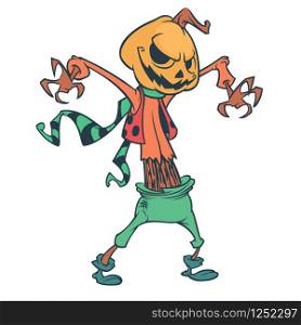 Halloween cartoon scarecrow dummy with pumpkin head. Vector jack-o-lantern illustration