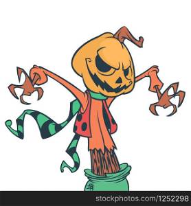 Halloween cartoon scarecrow dummy with pumpkin head. Vector jack-o-lantern illustration