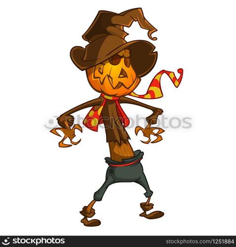 Halloween cartoon scarecrow with pumpkin head. Vector cartoon character isolated on white