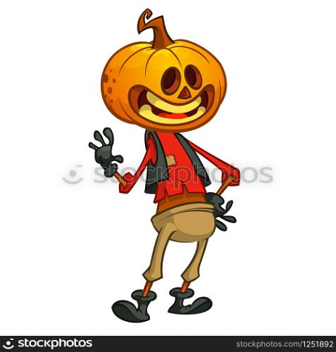 Halloween cartoon scarecrow with pumpkin head. Vector cartoon character isolated on white