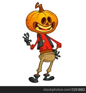 Halloween cartoon scarecrow with pumpkin head. Vector cartoon character isolated on white