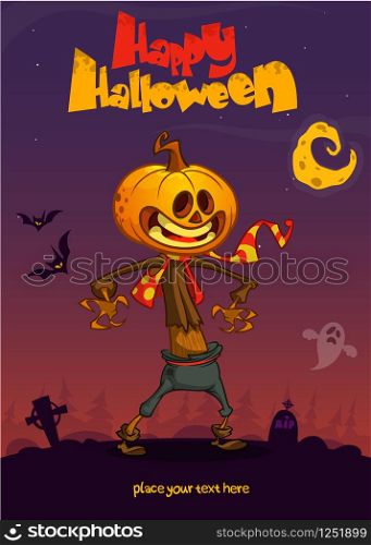 Halloween cartoon scarecrow with pumpkin head. Vector cartoon poster for Halloween party