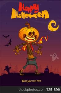 Halloween cartoon scarecrow with pumpkin head. Vector cartoon poster for Halloween party