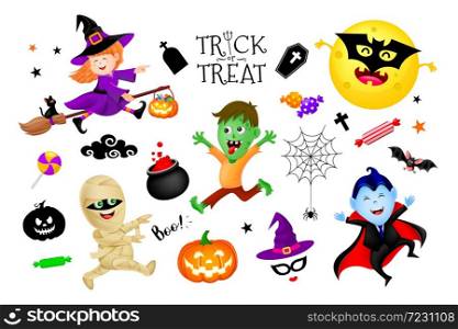 Halloween cartoon set with cute kids in holiday costumes: witch, count dracula, zombie and mummy. Illustration isolated on white backgeound. Halloween poster with text Trick or treat.