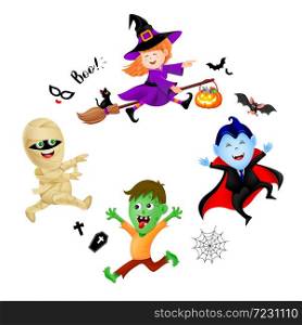 Halloween cartoon set with cute kids in holiday costumes: witch, count dracula, zombie and mummy. Illustration isolated on white backgeound. Design for poster, banner and greeting card.