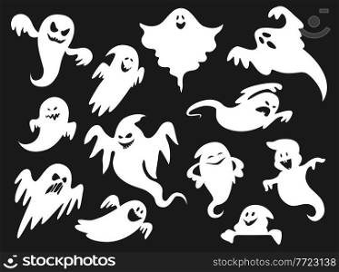 Halloween cartoon spooky and scary ghosts, spirit and ghoul monsters, vector white silhouettes. Halloween holiday funny cute boo ghosts or poltergeist with grin or smiling and frightening faces. Halloween cartoon spooky scary ghost, spirit ghoul