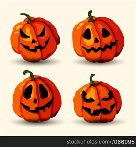Halloween cartoon style vector smiling spooky face pumpkins set  isolated on the white background.
