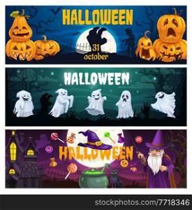 Halloween cartoon vector banners. Magician in purple dress holding wand, Jack-o-lantern pumpkins and spooky ghosts on cemetery, haunted creepy castle at night. Trick or treat sweets Halloween party. Happy Halloween party cartoon vector banners set