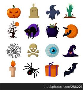 Halloween cartoon vector cute characters. Ghost and witches hat, pumpkin and bat icons. Halloween cartoon vector cute characters