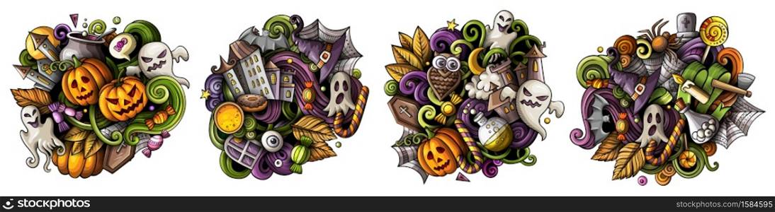 Halloween cartoon vector doodle designs set. Colorful detailed compositions with lot of holiday objects and symbols. Isolated on white illustrations. Halloween cartoon vector doodle designs set.