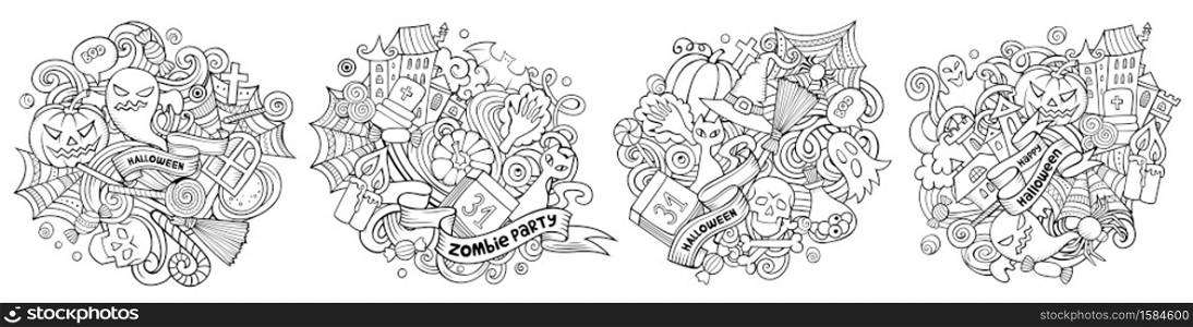 Halloween cartoon vector doodle designs set. Sketchy detailed compositions with lot of holiday objects and symbols. Isolated on white illustrations. Halloween cartoon vector doodle designs set.