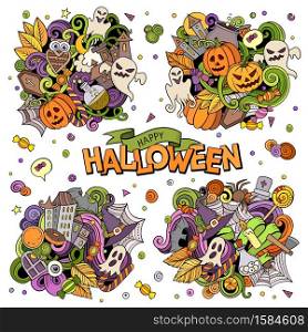 Halloween cartoon vector doodle illustration. Colorful detailed designs with lot of separate objects and symbols. 4 composition set. Halloween cartoon vector doodle illustration set