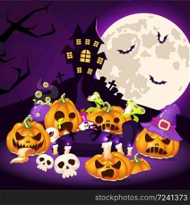 Halloween cartoon vector illustration. Creepy pumpkins, haunted house with graveyard, moon background. Halloween spooky decor. Scary carved squashes decorative composition. Helloween social media post