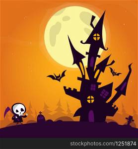 Halloween Castle. Illustration of a spooky haunted castle on hill inside Halloween landscape background
