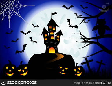 Halloween. Castle on the dais, full moon, night landscape. Silhouettes of owls, bats, crosses, tree branches