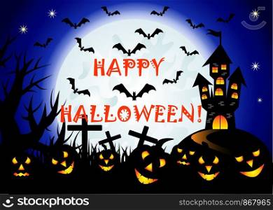 Halloween. Castle on the dais, full moon, night landscape. Silhouettes of crosses, tree branches, a flock of bats