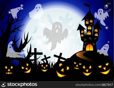 Halloween. Castle on the dais, full moon, night landscape. A pack of ghosts, crosses, jacks