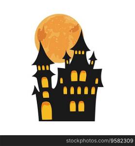 Halloween castle with full moon. Black haunted house silhouette. Halloween design element. Isolated graphic template. Vector illustration.. Halloween castle with full moon.