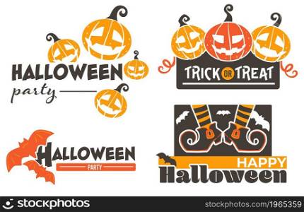 Halloween celebration, autumn holiday banner with carved pumpkins and flying bats. Trick or treat, haunted house and party with characters. Isolated icons with jack o lantern. Vector in flat style. Happy halloween, pumpkins and flying bats vector