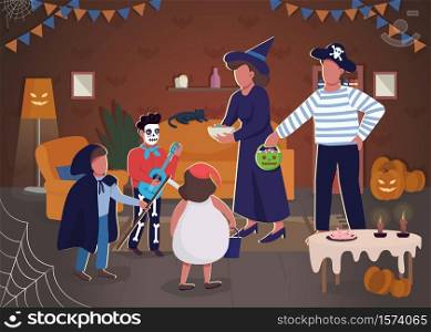 Halloween celebration semi flat vector illustration. Parents play with children. Trick or treat at home with kids. Festive decoration in spooky house. Family 2D cartoon characters for commercial use. Halloween celebration semi flat vector illustration