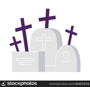 Halloween cemetery with crosses semi flat colour vector object. Old tombstones. Graveyard spooky. Editable cartoon clip art icon on white background. Simple spot illustration for web graphic design. Halloween cemetery with crosses semi flat colour vector object