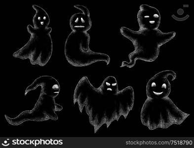 Halloween chalk drawing. Funny ghosts and spooks hand drawn on chalkboard. Cute scary artistic bogey chalked vector icons set. Blackboard background. Halloween funny ghosts and spooks cartoon