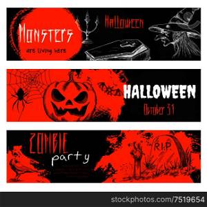 Halloween chalk sketch elements on blackboard. Orange banners with with white text for halloween party. Retro style icons of scary pumpkin, old witch hat, coffin, graveyard tomb, zombie hand. Halloween chalk sketch elements on blackboard