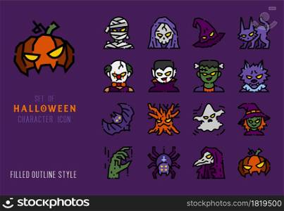 Halloween character colored line icon set for decoration. Filled outline detailed pictogram.