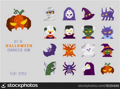Halloween character flat design icon set for decoration.