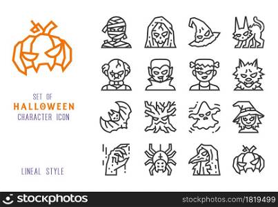 Halloween character line icon set for decoration