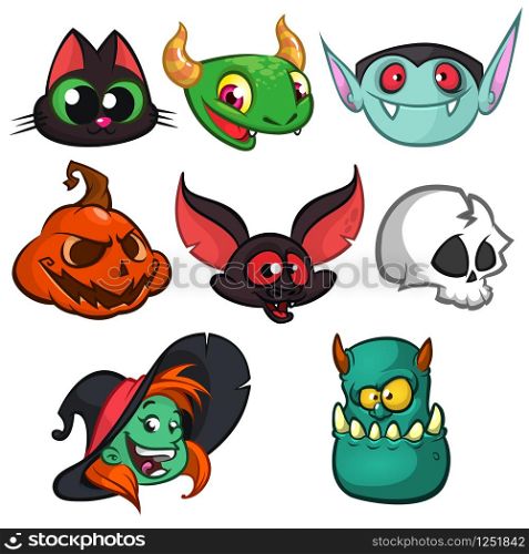 Halloween characters faces set. Bat, witch cat, grim reaper, green monster, witch, vampire and pumpkin