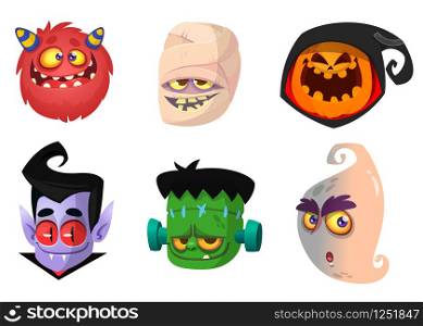 Halloween characters icon set. Cartoon head avatars of pumpkin Jack o lntern, zombie, vampire, red monster, mummy and ghost.