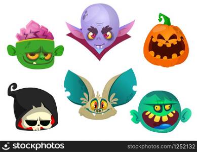 Halloween characters icon set. Cartoon heads of grim reaper, bat, pumpkin Jack o lntern, zombie, vampire. Vector isolated