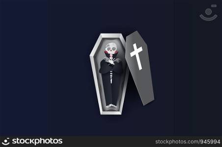Halloween Characters of Skeleton in Coffin. Gray icon on blue dark background.Creative paper cut and craft scene place for your text. Sale vector with coffin and Holiday elements design illustration