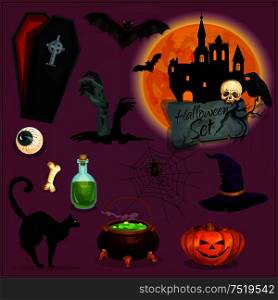 Halloween characters set. Vector cartoon orange pumpkin lantern, witch hat, cauldron potion, haunted castle, zombie graveyard, vampire coffin, skeleton skull, human evil eye. Halloween characters set