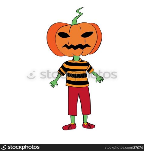 Halloween childish character mask representing a pumpkin, hand drawn original doodle illustration isolated on white