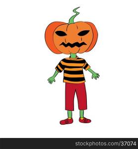 Halloween childish character mask representing a pumpkin, hand drawn original doodle illustration isolated on white