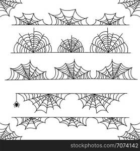 Halloween cobweb vector frame border and dividers isolated on white with spider web for spiderweb scary design. Halloween cobweb vector frame border and dividers with spider web