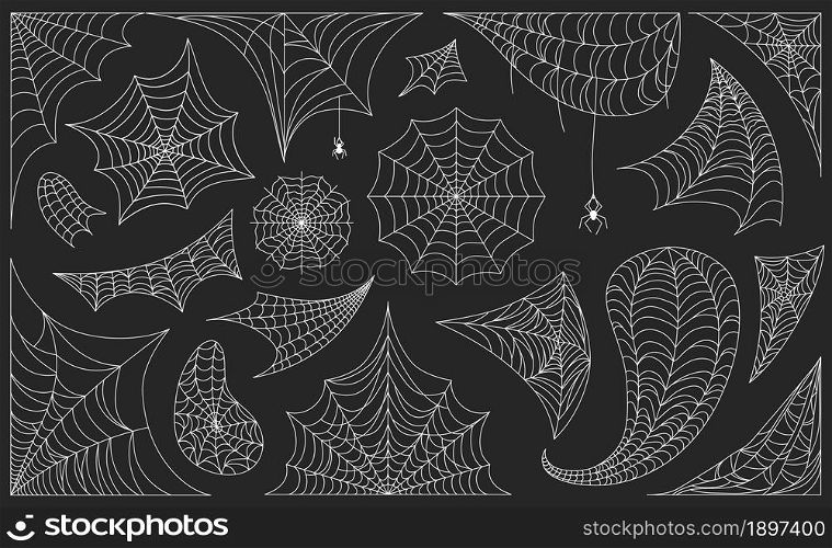Halloween cobwebs with spiders, black spiderweb frames and borders. Scary cobweb frame or corner decoration, spooky web silhouette vector set. Horror hanging insect on web for holiday decoration. Halloween cobwebs with spiders, black spiderweb frames and borders. Scary cobweb frame or corner decoration, spooky web silhouette vector set