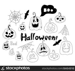 Halloween collection. Jack pumpkins, bat and web. Vector linear hand drawings in doodle style. Isolated elements for decor, design, holiday decoration, postcards and print
