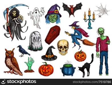 Halloween color sketch icons and elements. Isolated vector pumpkin candle, witch hat, spooky ghost, dead man, zombie hand, coffin on graveyard tomb, skull, midnight owl, spider web, magic cauldron. Halloween color sketch icons and elements