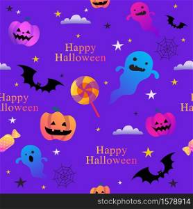 Halloween colorful cute funny creepy doodles semless vector pattern. scary ghost, bat, sweets, eye, pumpkin and spider web.