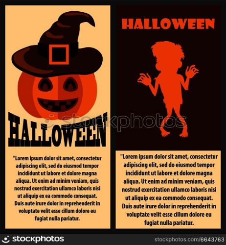 Halloween congratulation scary colorful poster with smiling pumpkin in hat and silhouette of horribly monster. Vector illustration with horror festival banner. Halloween Congratulation Scary Colorful Poster