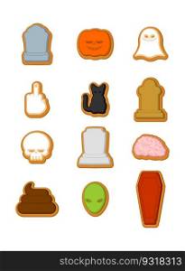 Halloween cookies set. Cookie for terrible holiday. Ghost and pumpkin. Black cat and skull. Tombstone and coffin. Vector illustration 