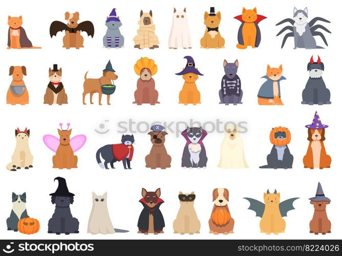 Halloween costume for pet icons set cartoon vector. Ghost party. Pet costume. Halloween costume for pet icons set cartoon vector. Ghost party