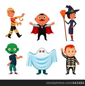 Halloween costumes for kids. Zombie, vampire, witch and funny ghost. Set of costume for halloween party, vector illustration. Halloween costumes for kids. Zombie, vampire, witch and funny ghost