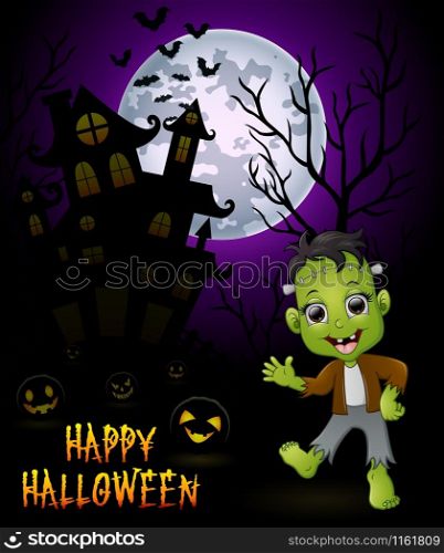 Halloween costumes frankenstein with pumpkin on haunted castle background