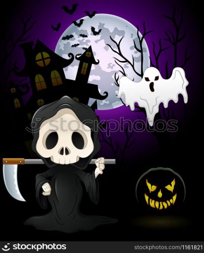 Halloween costumes grim reaper with pumpkin and ghost on haunted castle background